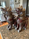 A Pair Of Vintage Hand Carved Glass-inlaid Wooden Chinthe Statues In Red   Gold