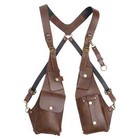 Men Suspender With Metal Buckle Pocket Heavy Duty Leather Crisscross Back Brown