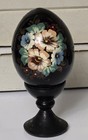Vintage Russian Hand Painted Black Lacquer Floral Egg On Wooden Pedastal 5  Inch