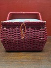 Red Wicker Sewing Basket With Quilted Lid Vintage