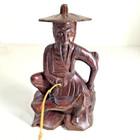 Antique Asian Wood Hand Carved Fisherman Figurine Handcrafted Sculpture
