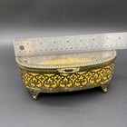 Vintage Ormolu Jewelry Casket Beveled Glass Lid Gold Filigree Trinket Box Footed