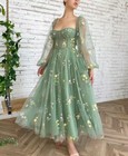Women s Long Sleeve Embroidery Prom Dresses Tea Length Fairy Evening Party Gowns