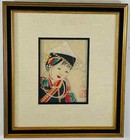 Antique Japanese Asian Women Portrait Etching Print Signed  A Pair