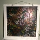 Floral Stained Glass Panel Square Multicolor White Wood Frame Ready To Hang