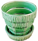 Vintage Mccoy Pottery Green 4 Inch Basketweave Flower Pot With Attatched Saucer
