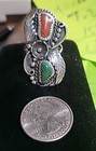Vintage Handmade Navajo Turquoise And Coral Silver Ring Signed By Artist