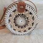 Bali Round Rattan Crossbody Bag Purse Woven Pattern Cream Brown Boho Beach 