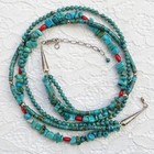 Southwestern 3 Strand Turquoise   Coral Bead Necklace Nugget Sterling Cones 18in