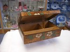 Antique Vtg Sewing Notions - Folk Art Pyrography Floral Painted Sewing Wood Box