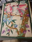 Vintage Unframed  Crewel Embroidery Cockatiels W floral On Thick Nailed Board