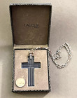 Authentic Lalique France Large Blue Crystal Cross Pendant Sterling Necklace Nib