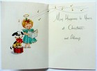 Vtg Unused Christmas Card-cute Angel Girl Blue Dress Plays Drum Trumpet Glitter