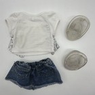 Build A Bear White Silver Sequin Heart Top Justice Denim Skirt Teddy Shoes- Read