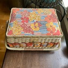 Vtg Dritz Wicker Woven Sewing Basket  Mcm Japan Orange Floral Satin Lining Full
