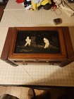 Large Antique Asian Wood Carved Jewelry Box Mother Of Pearl Scene On Top Nice