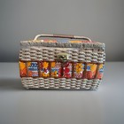 Vintage Multi-colored Floral Wicker Woven Sewing Basket Brass Turn Lock W  Tray 
