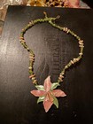 Vtg Lee Sands Flower Abalone Mop Inlay W  Peridot  Rose Quartz Pendant Necklace