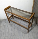 Vintage Mid Century Modern Rustic Oak Wood Glass Shelf 2-tier Table L32
