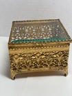 Vintage Gold-tone Ormolu Beveled Glass Jewelry Casket Box Floral Filigree Detail