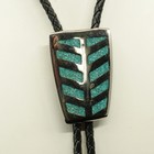 Bolo Tie  70s Sterling Silver Chip Turquoise Mosaic Chevron Shield