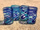 Water Glasses Hand Blown In Pinch Blue Turquoise Clear Glass