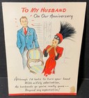 Vtg Hallmark Anniversary Card To Husband Pretty Lady Red Dress Real Feather Hat