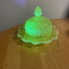 Vtg Vaseline Glass Covered Round Butter Dish Dome Lid Glows Psychedelic