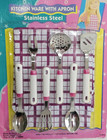 Vtg Child Toy Kitchen Utensils Stainless Steel 70s Plastic Apron White Red 6 Pcs