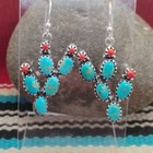 Southwest Sterling Silver Turquoise   Coral Prickly Pear Cactus Earrings