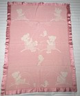 Vtg  Nursery Baby Blanket Reversible Thick Satin Edge Fishing Bears Pink   White
