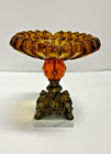 Vintage Amber Glass Pedistal Ashtray  Brass Footed Marble Base  Heavy Duty 