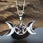 Triple Moon Pentagram Pendant Amethyst Sterling Silver Wiccan Pagan Necklace