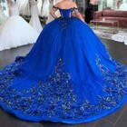 Royal Blue Quinceanera Dresses Ball Gown Applique Flower Beads Tull Sweet 16