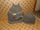 Pair Vintage Primitive Folk Art Cloth Stuffed Cats W bells - Hand Made Set Of 2