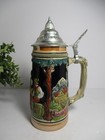 German Beer Stein With Pewter Lid Relief  3-d  Tavern Scene