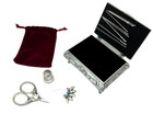 Vintage Metal Jewellery   Sewing Notion Box - Scissor  Needle Threader  Thimbles