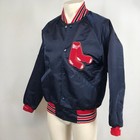 Vintage Boston Red Sox Satin Varsity Jacket Navy Blue Snap Front Bomber Mens