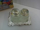Vintage Mini Glass Salt   Pepper Shakers Ornate Silver Plated Tray Caddy Set