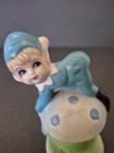Vintage Elf Figurine On Mushroom Bisque Ceramic Whimsical Pixie Fairy 4  H