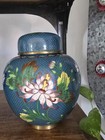Vintage Pair Brass Blue Enamel Enameled Ginger Jar With Lid  Floral 
