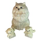 Vintage Large White Ceramic Persian Cat Mcm Statue Iridescent Pearl W  2 Kittens