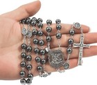 Hematite Black Stone Beads Rosary Necklace With St Michael Centerpiece  Crucifix