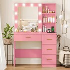 37  W Vanity Desk With  Mirror 10 Led Lights Makeup Vanity Table 4 Drawers Pink