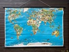 Large Rare  Vintage Map Of The World  School Chart Trade Pictorial Linen Poster