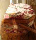 Vintage Wood Sewing Basket Box Tapestry Fabric Lid   Accessory Tray