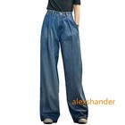 Womens Loose Pleated Denim Pants High Wiast Wide Leg Jeans Trousers Boot Cut