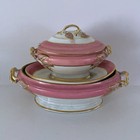 Pair Old Paris Porcelain Monogram Pink   Gold Sauce Tureen   Vegetable Gold Vine