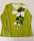 Womens Green Floral Tshirt Top Large Cotton Blend Casual Long Sleeve Vneck