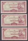  cir  Very Crisp 5 Notes  No Tears Or Holes  1944 Burma 10 Rupees P-16b  3 
